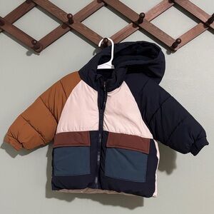 Zara Kids Colorblock Hooded Puffer Jacket - Navy, Cream & Brown